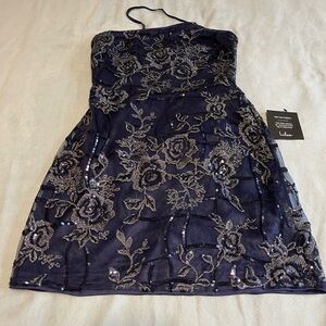 Lulu’s Shiny Navy/Silver Sleeveless Dress